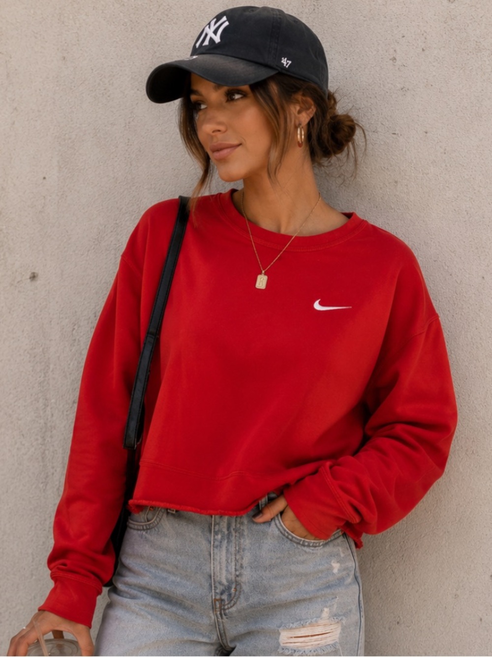 Nike Women's Bright Red cropped Crewneck Sweatshirt with White Swoosh
